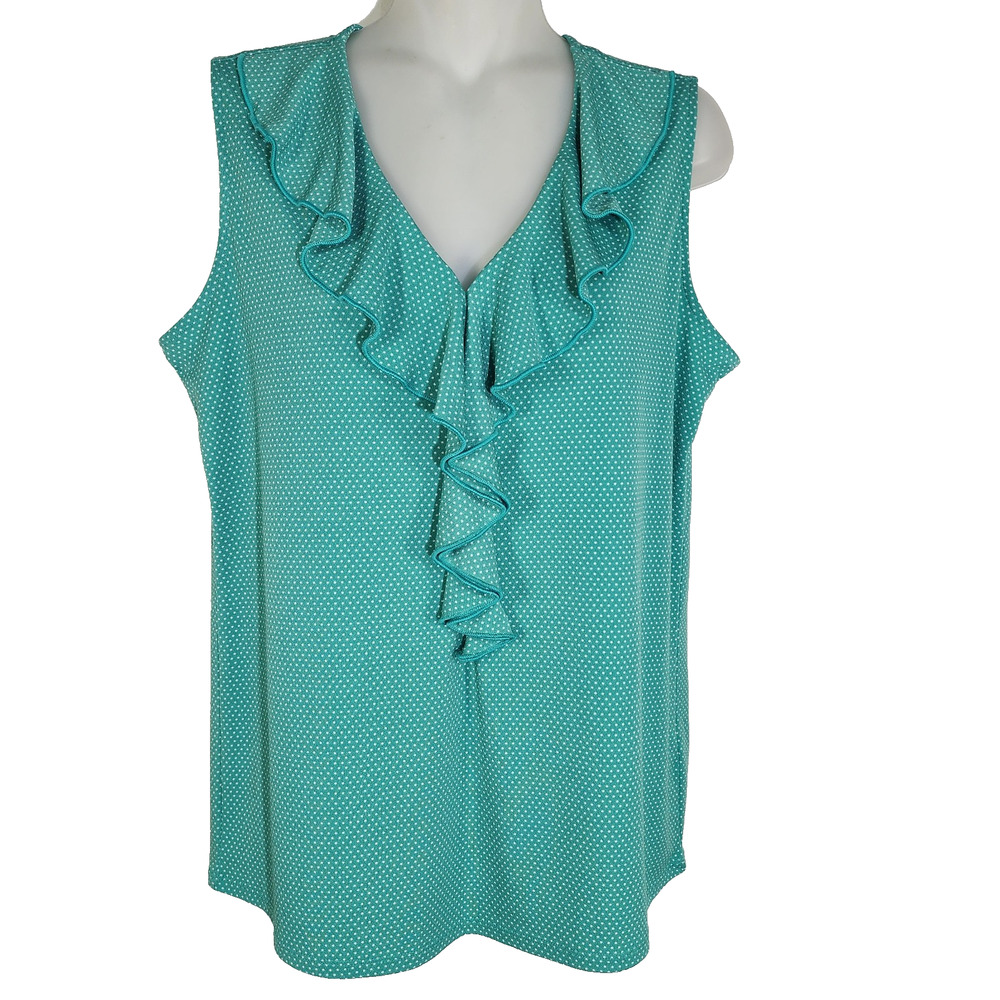 Adrianna Papell Women's Top Size Small Green Polka Dot Sleeveless Ruffle V Neck